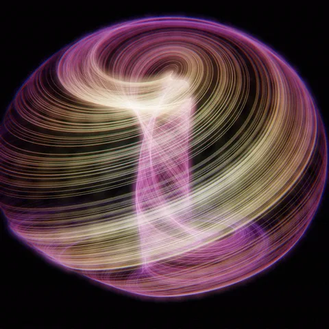 A layered, multicolored attractor generated by Gyre, one of Mateo’s procedural art engines.