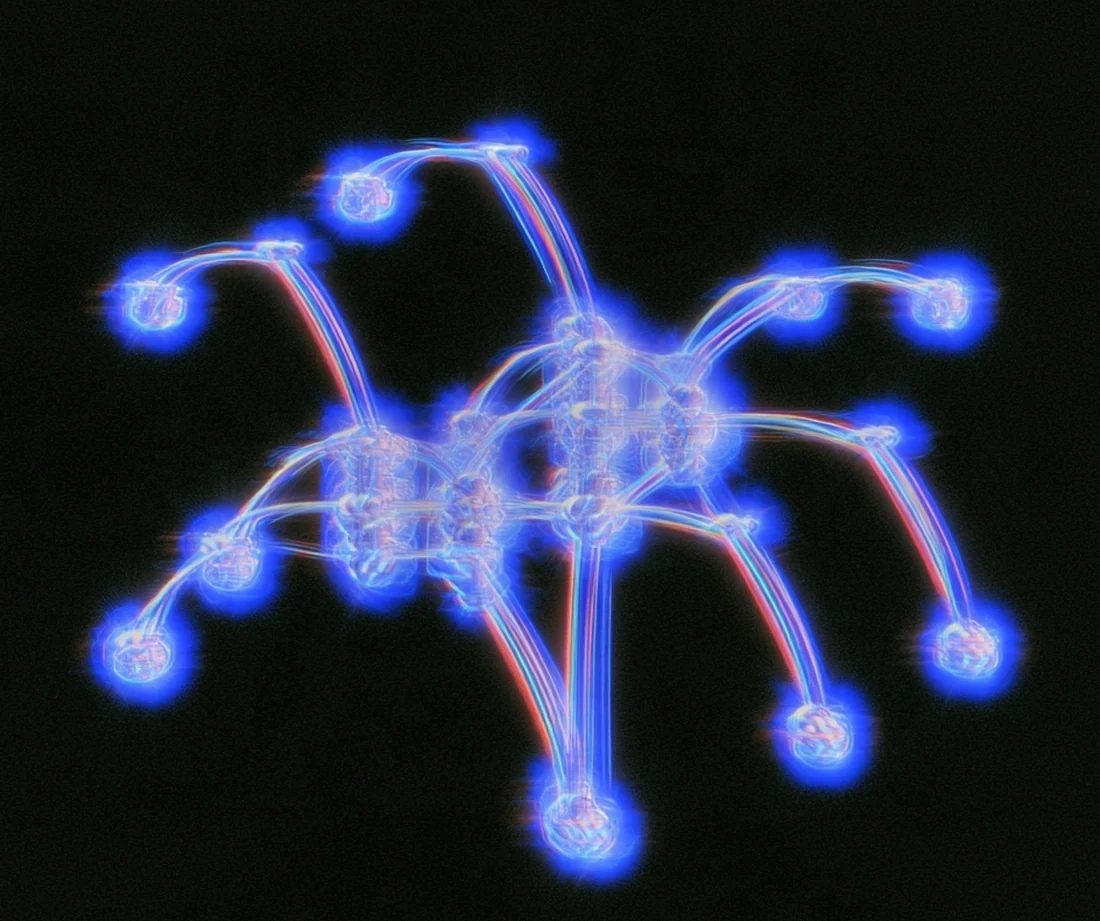 Glowing blue nodes joined by arcing links, like a network of agents.