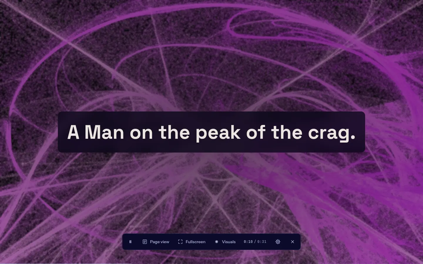The RISE reader performing a poem over a purple visual field, with playback controls.